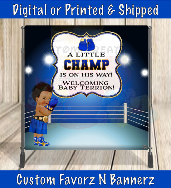 A LITTLE CHAMP IS ON HIS WAY BACKDROP - ROYAL BLUE Custom Favorz by Sharon