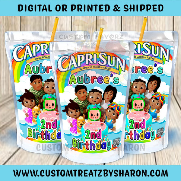 AFRICAN AMERICAN COCOMELON CAPRISUN OR KOOL- AID JAMMERS )BLUE) Custom Favorz by Sharon
