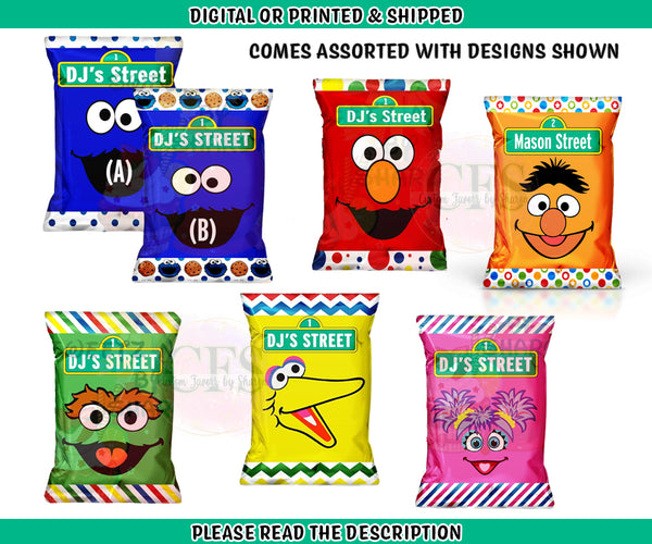 Sesame Street Elmo, Big Bird, Cookie Monster, Abby Cadabby, Grouch, and Ernie Custom Chip Bags