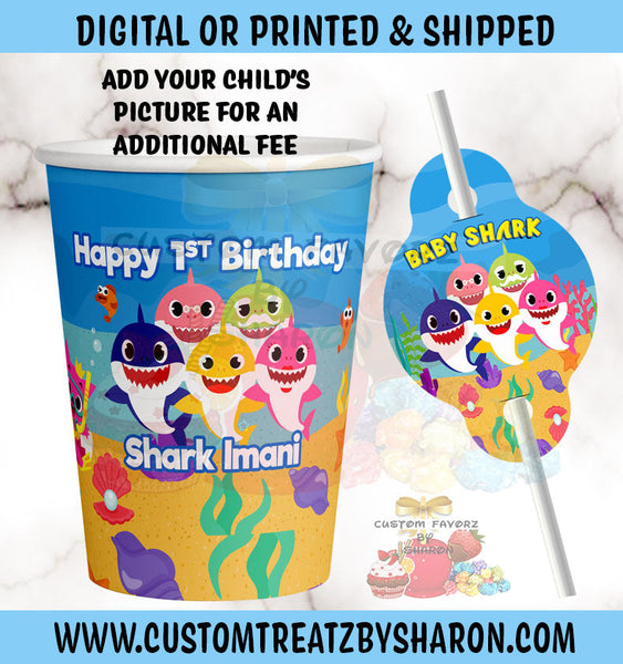 BABY SHARK CUP & STRAW TAG Custom Favorz by Sharon