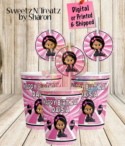 Boss Baby Girl Party Cup and Straw Tag Custom Favorz by Sharon