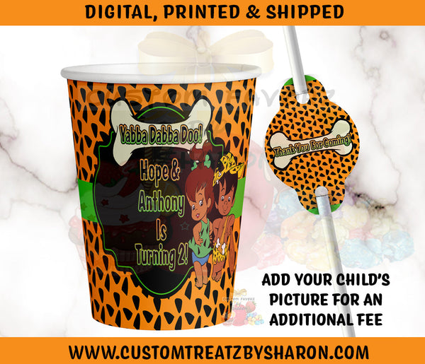 PEBBLES & BAMM PARTY CUP W/STRAW TAG Custom Favorz by Sharon