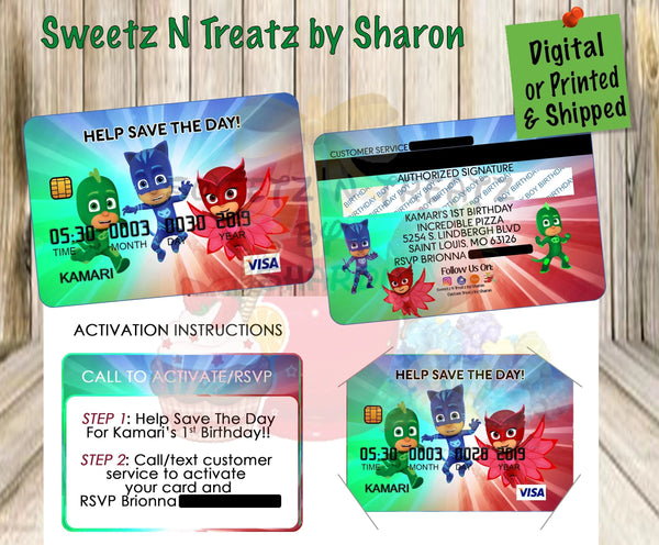 PJ MASKS Credit Card Invite Custom Favorz by Sharon